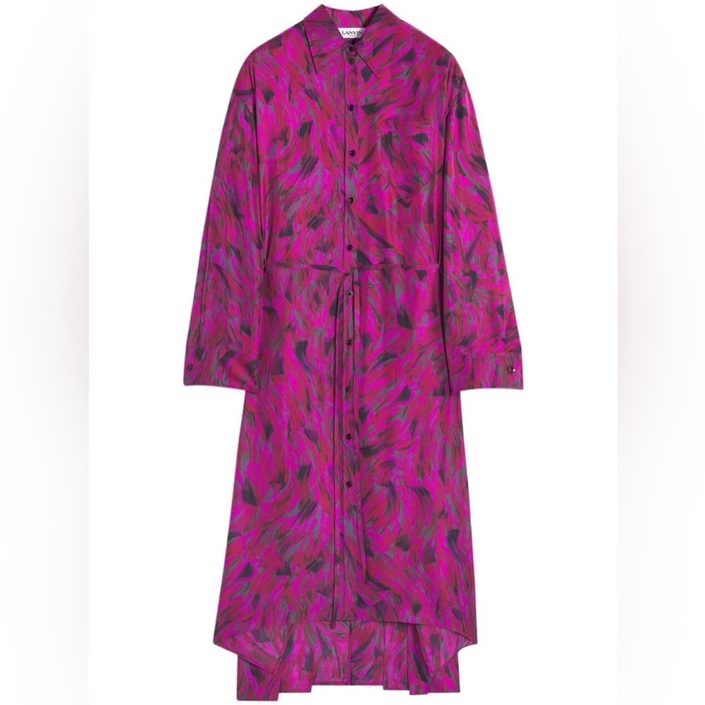 NWT Lanvin Printed Pleated Fuchsia Pink Ruffle Dress sz 38